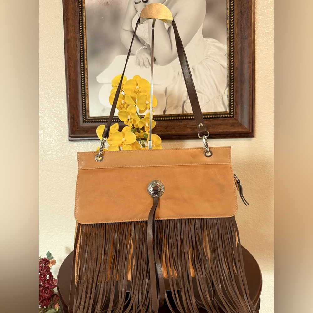 Western Trenditions Fringe Tan Leather Shoulder Bag Euc